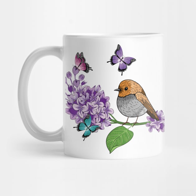 Lilac - Butterflies And Robin Bird by Designoholic